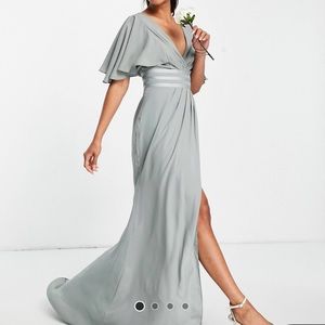 ASOS Design Flutter Sleeve Bridesmaid Maxi Dress Olive Size 14